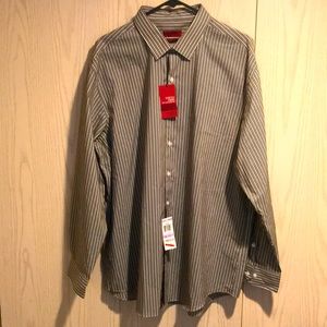 Alfani NWT Men’s 18 XXL 34-35 Fitted Dress Shirt Dark Tan Stripe Stretch Fabric